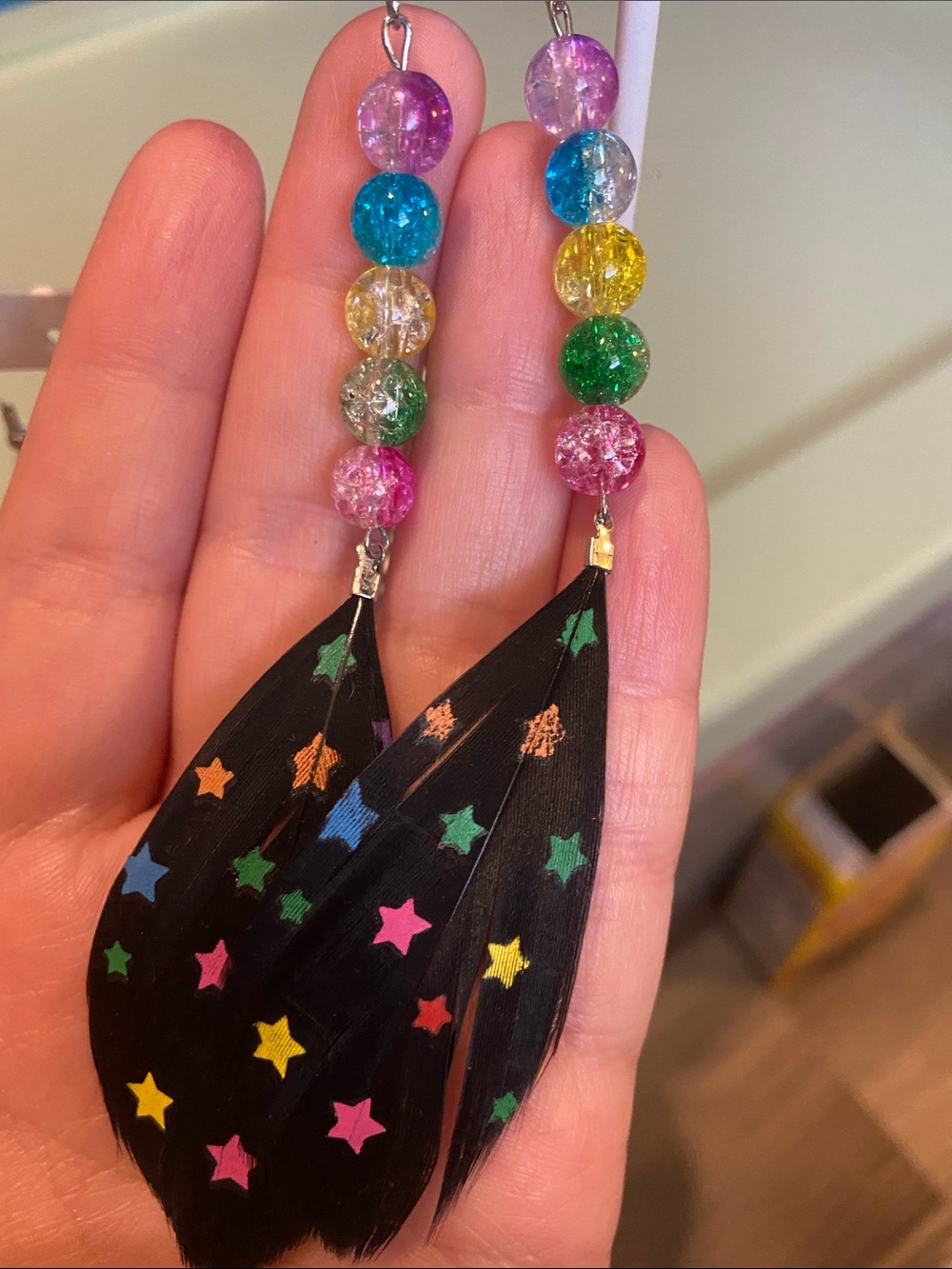 Handmade Star Feather Dangle Earrings - Black with Multicolor Beads